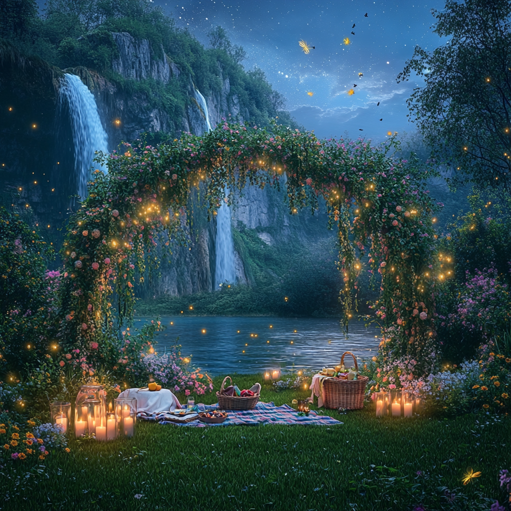 Glowing river with waterfall, flower arch picnic, fireflies