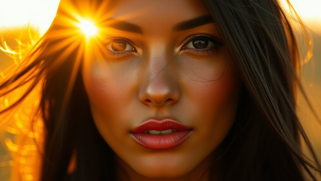 Glowing woman's sunlit face with rosy cheeks.