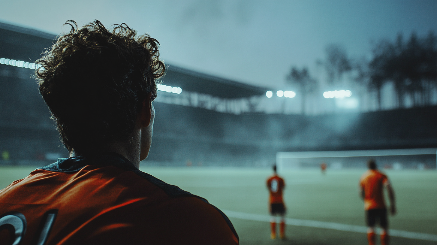 Goalie in position, game in background, dramatic setting.