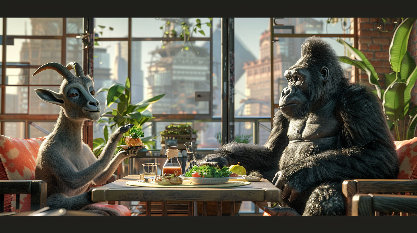 Goat and gorilla having meal in modern room.