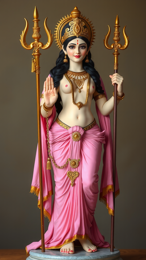 Goddess Parvati in Pink Attire Holding a Trident