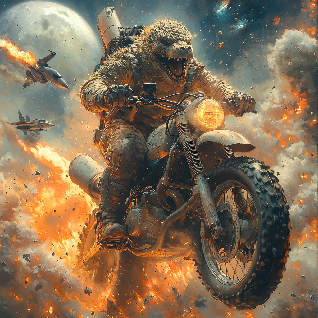 Godzilla on Dirtbike with Rocket Launcher in Space.