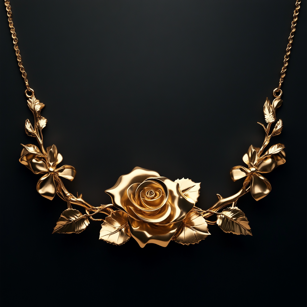 Golden 24K necklace with rose, bow tie shapes.