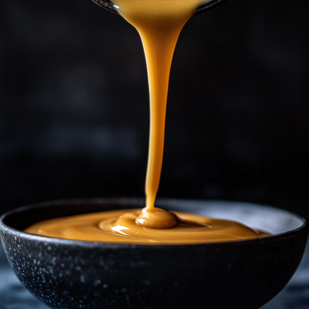 Golden Caramel Pouring into a Black Bowl