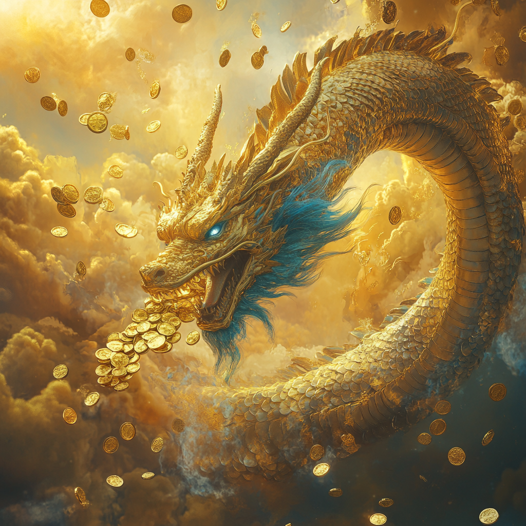 Golden Dragon Showering Coins in Radiant Sky