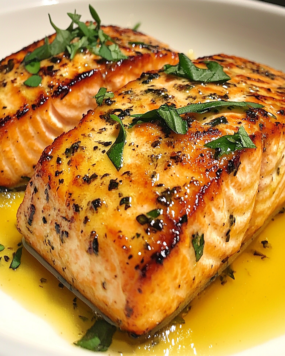 Golden Grilled Salmon in Herb Butter Bowl, Delicious Close-Up.