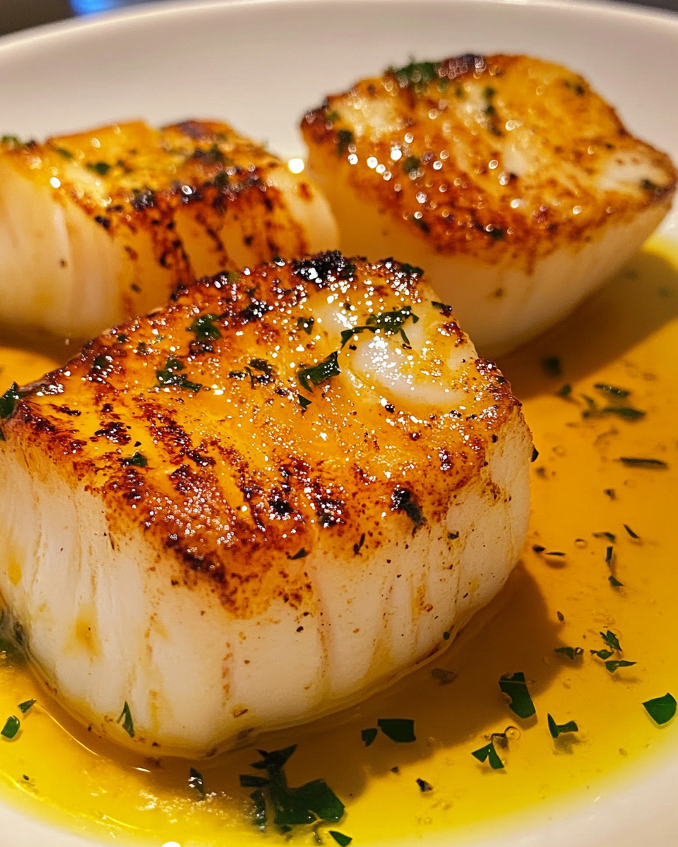 Golden Lemon Butter Scallops in White Bowl, Close-Up.