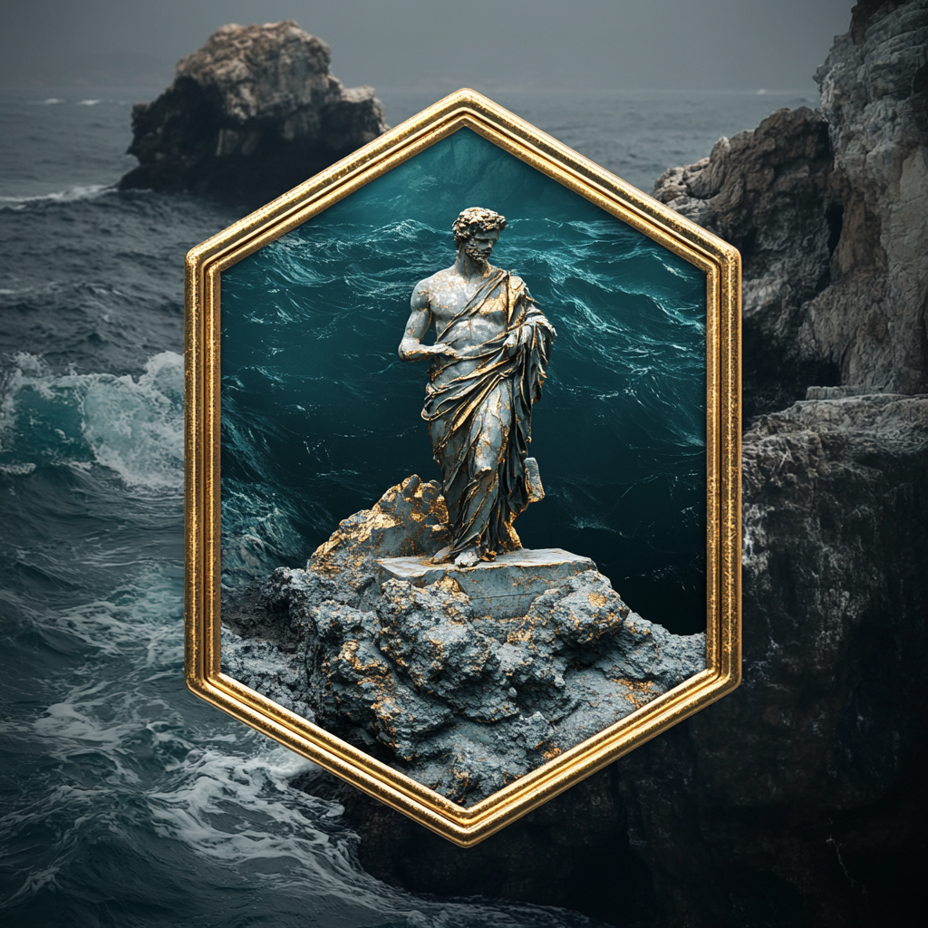 Golden Outlined Badge with Underwater Greek Statue