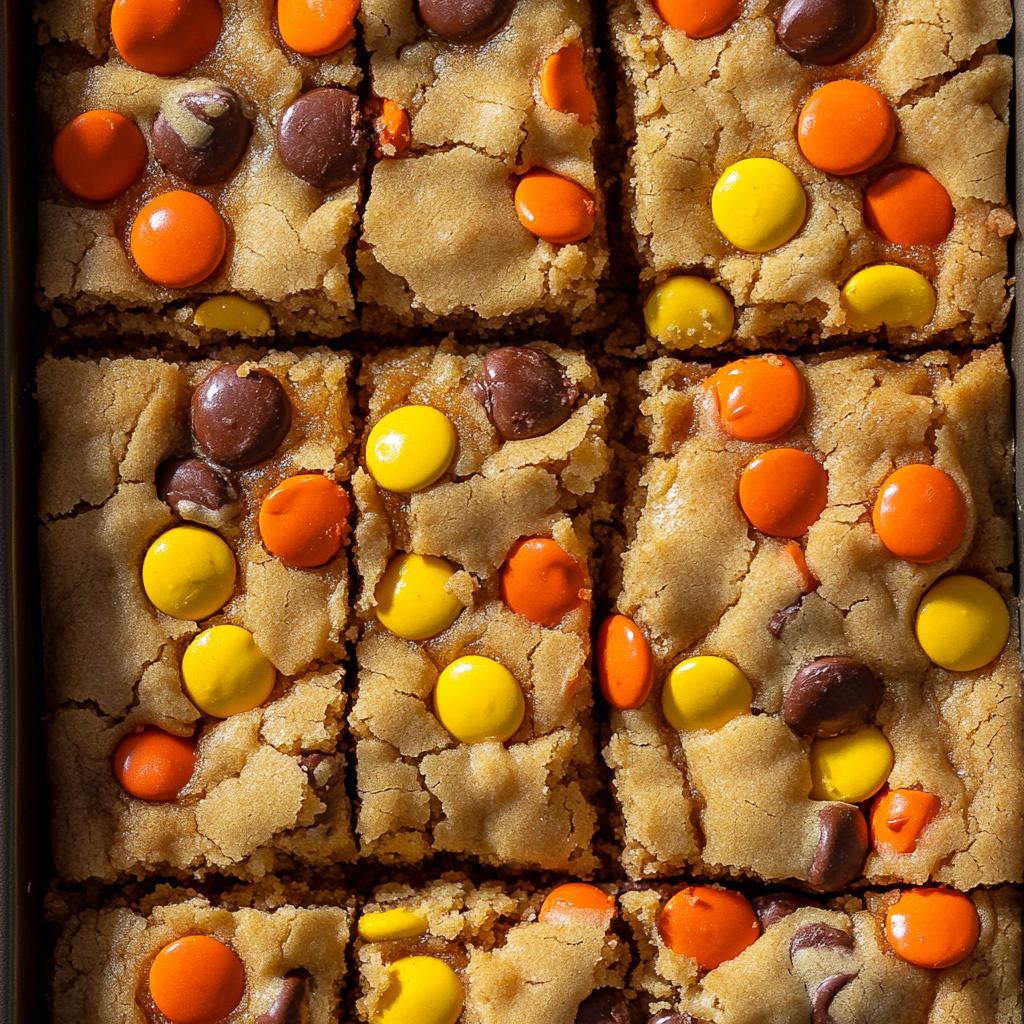 Golden Reese's Pieces Cookie Bars in Baking Pan