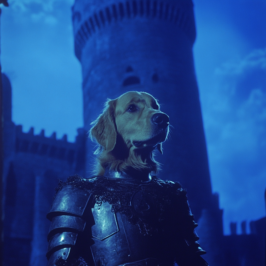 Golden Retriever Knight in Eerie Medieval Castle