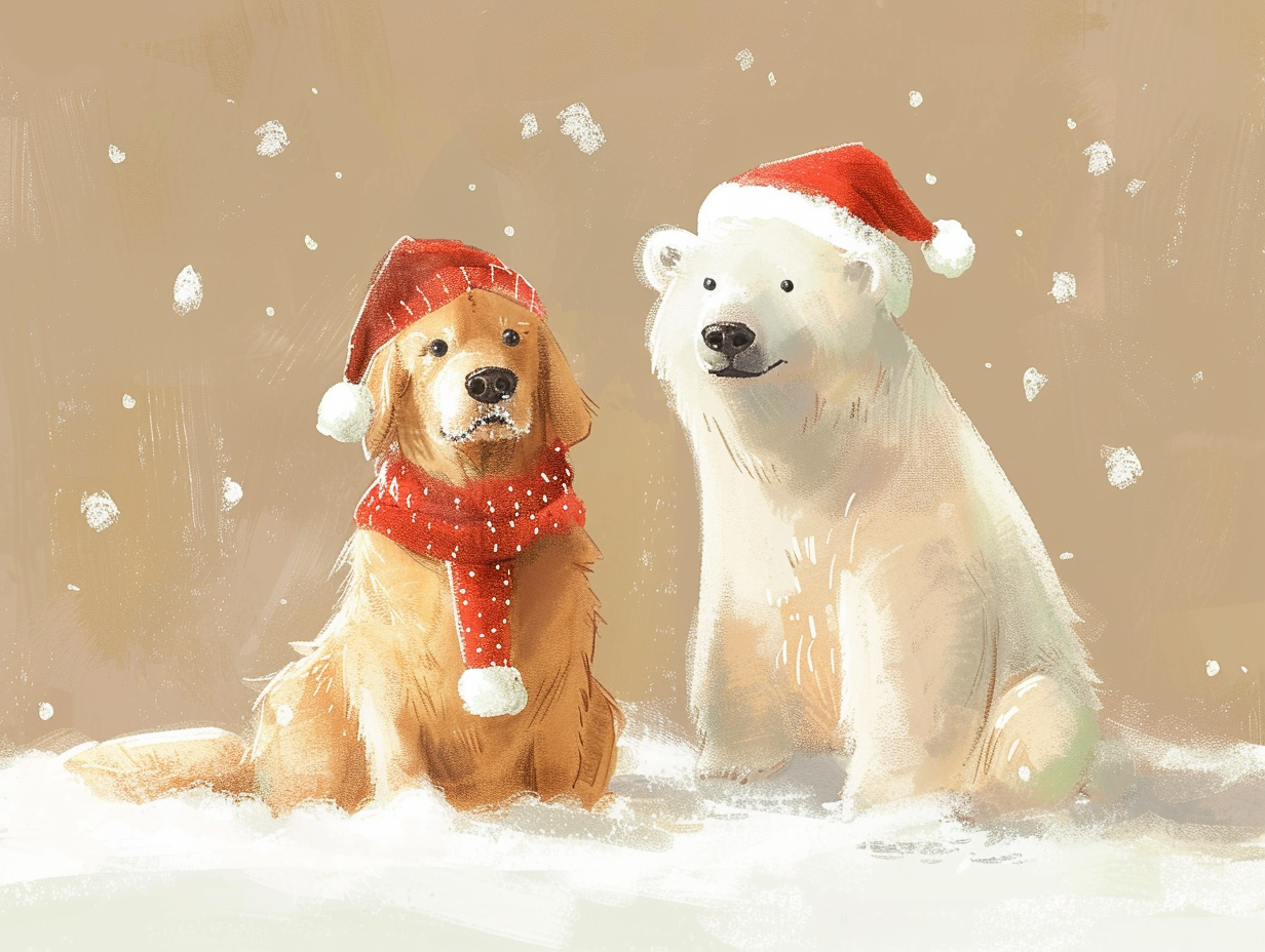 Golden Retriever and Polar Bear in Christmas gear.