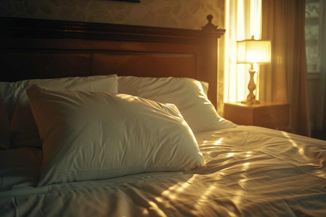 Golden Sunset Pillow on Hotel Bed