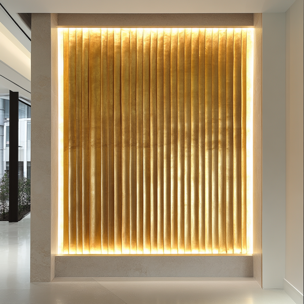 Golden Wall with Fluted Panels and Soft Lighting