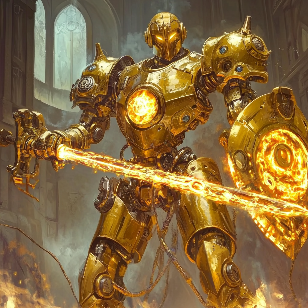 Golden armor robot warrior with plasma sword