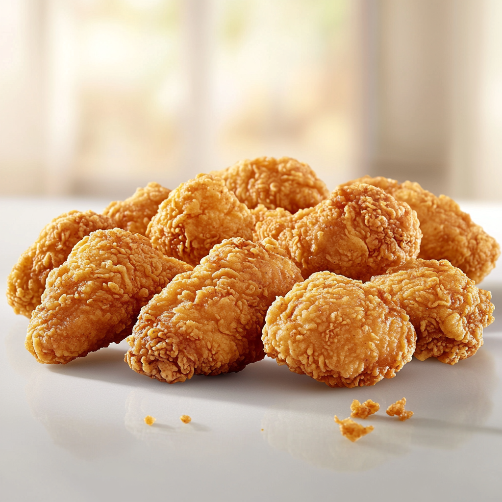 Golden-brown fried chicken on white plate