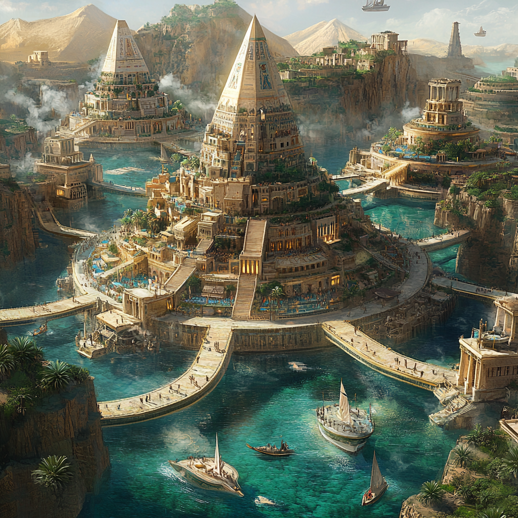 Golden city of Atlantis with marble homes and pyramid.