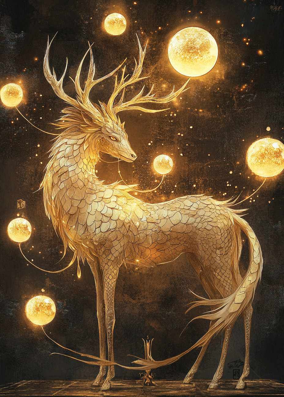 Golden deer-lion-dragon with orbs, divine creature