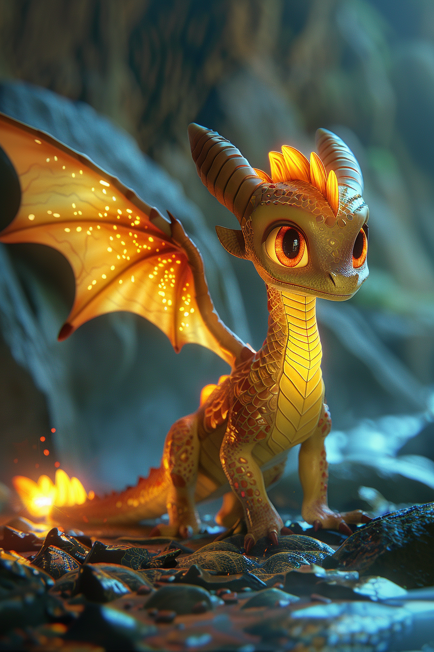 Golden dragon with glowing wings in magical cave.