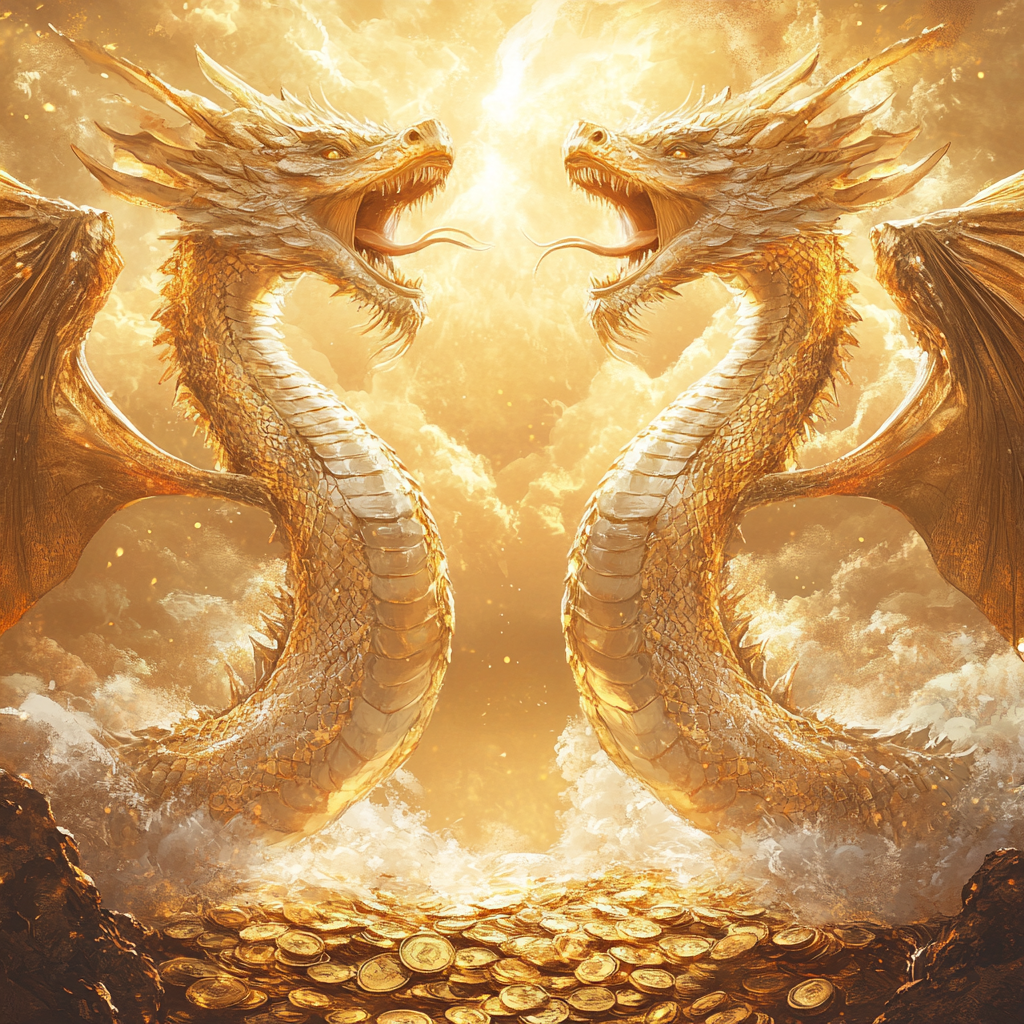 Golden dragons roaring in symmetrical balance with clouds