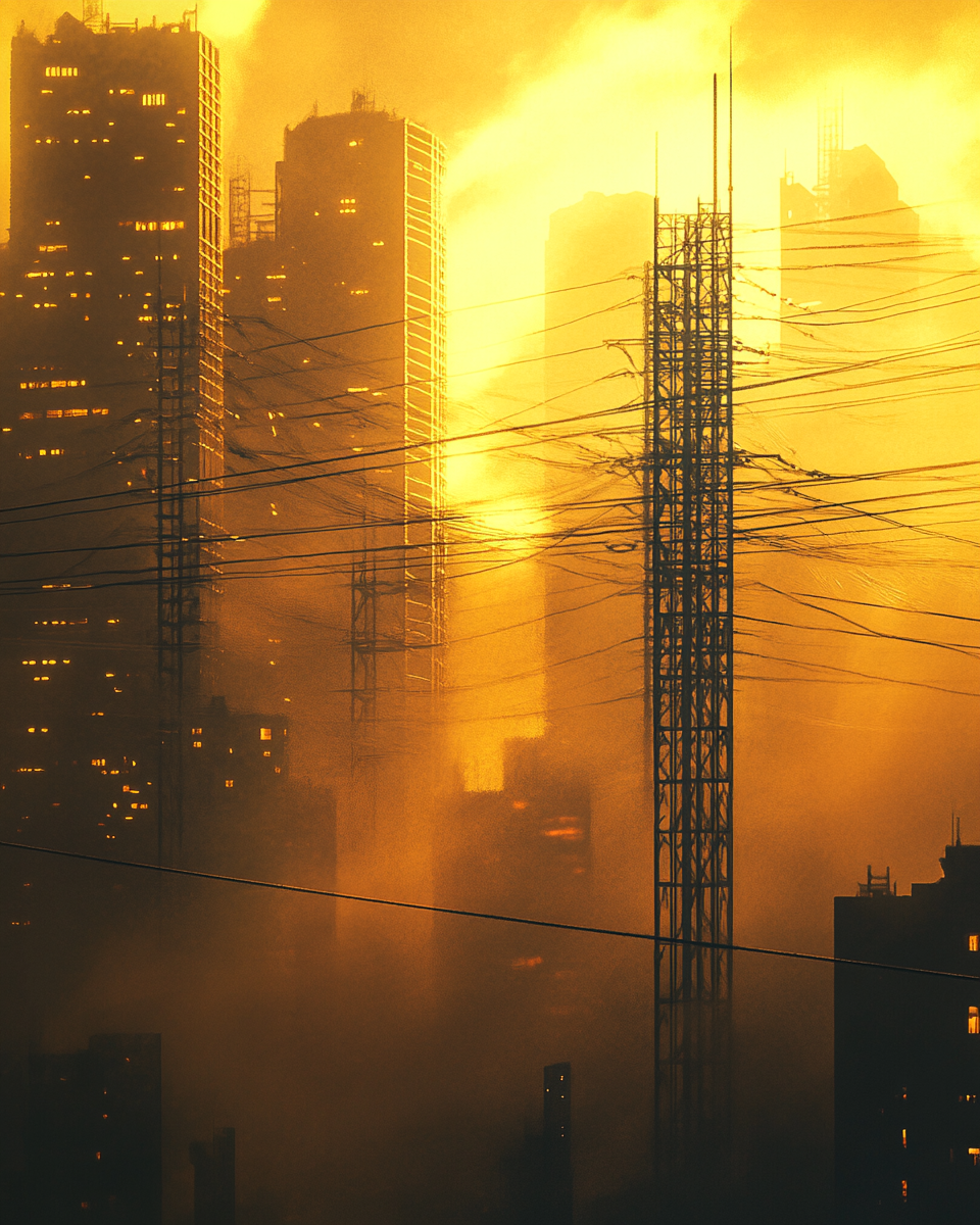 Golden fog envelops city with towering transmission lines