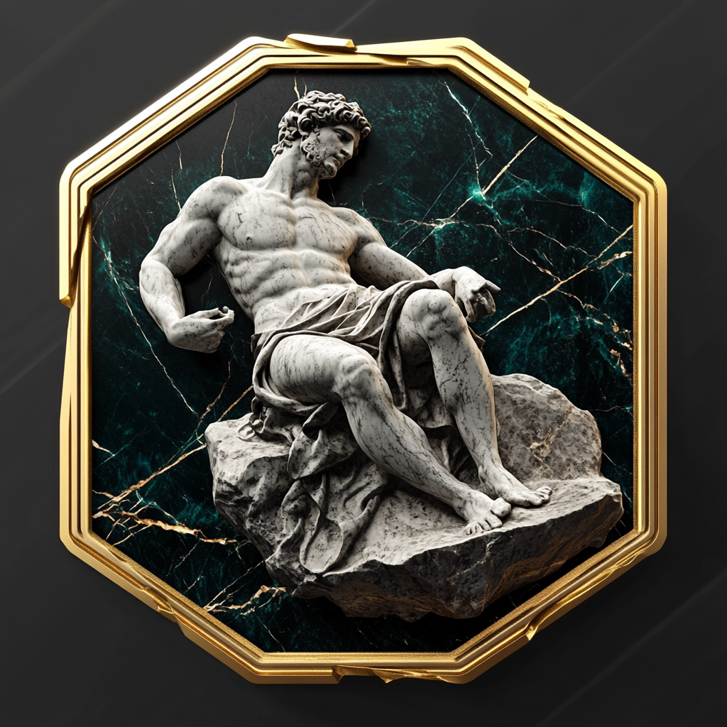 Golden outlined hexagonal badge with Greek statue and teal accents