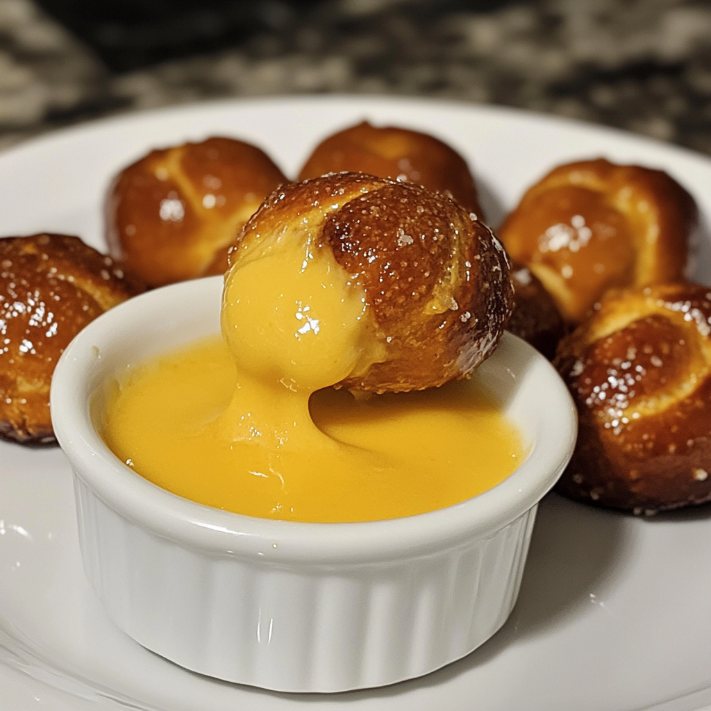 Golden pretzel bites with cheddar cheese sauce