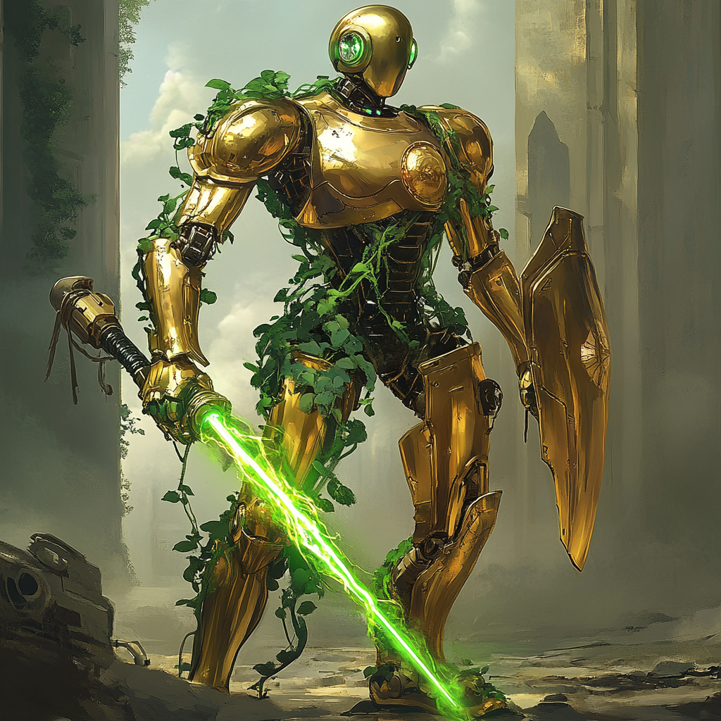 Golden robot with vines and plasma sword- A masterpiece!