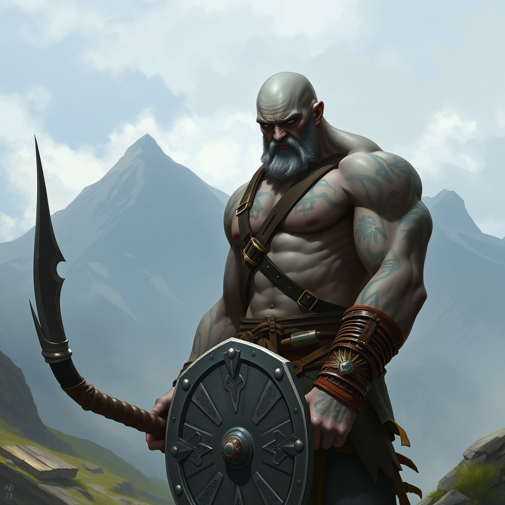 Goliath Fantasy Character with Tattoos, Shield, Flail