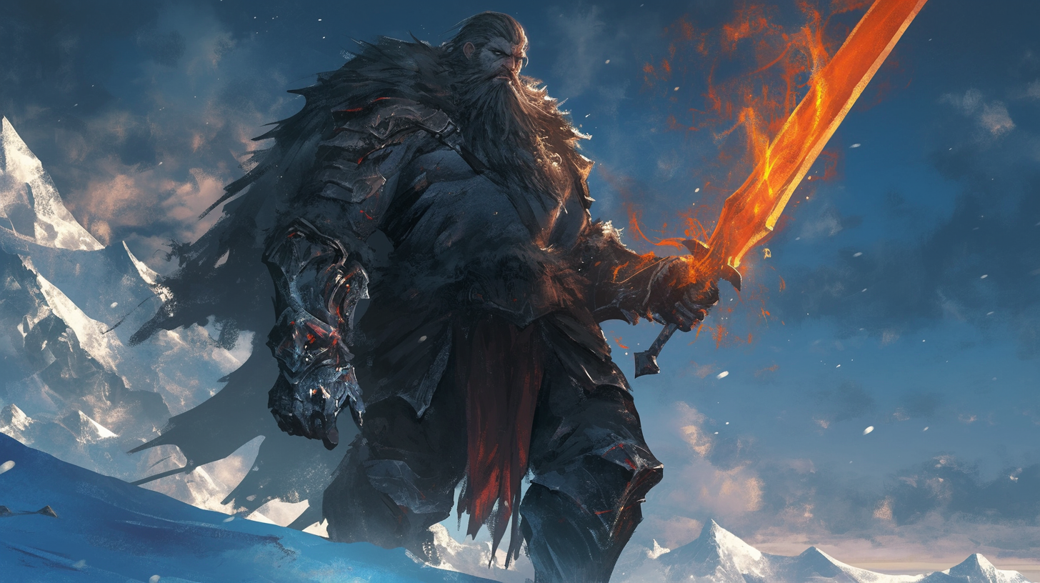 Goliath Warrior on Icy Mountain Peak with Flaming Sword.