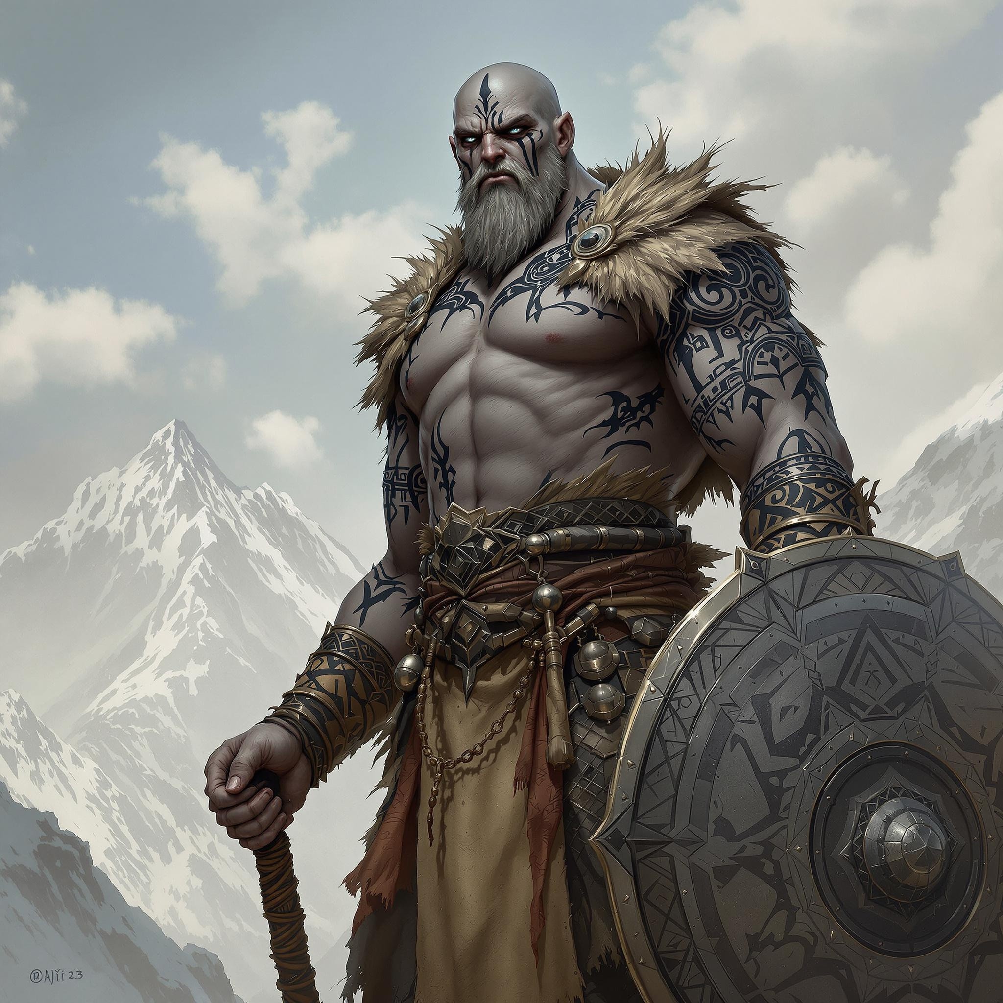 Goliath Warrior with Shield and Flail in Mountains
