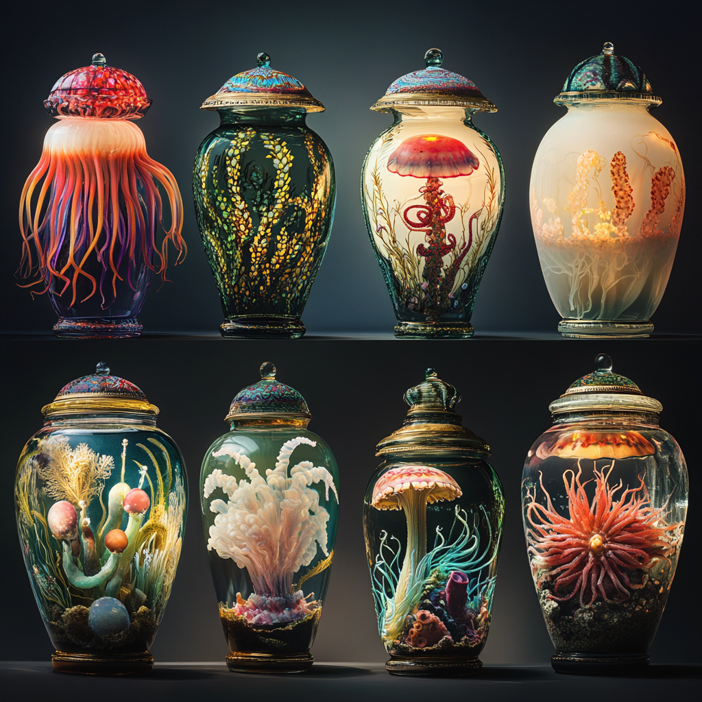 Gorgeous blown glass sea life lamps advertisements.