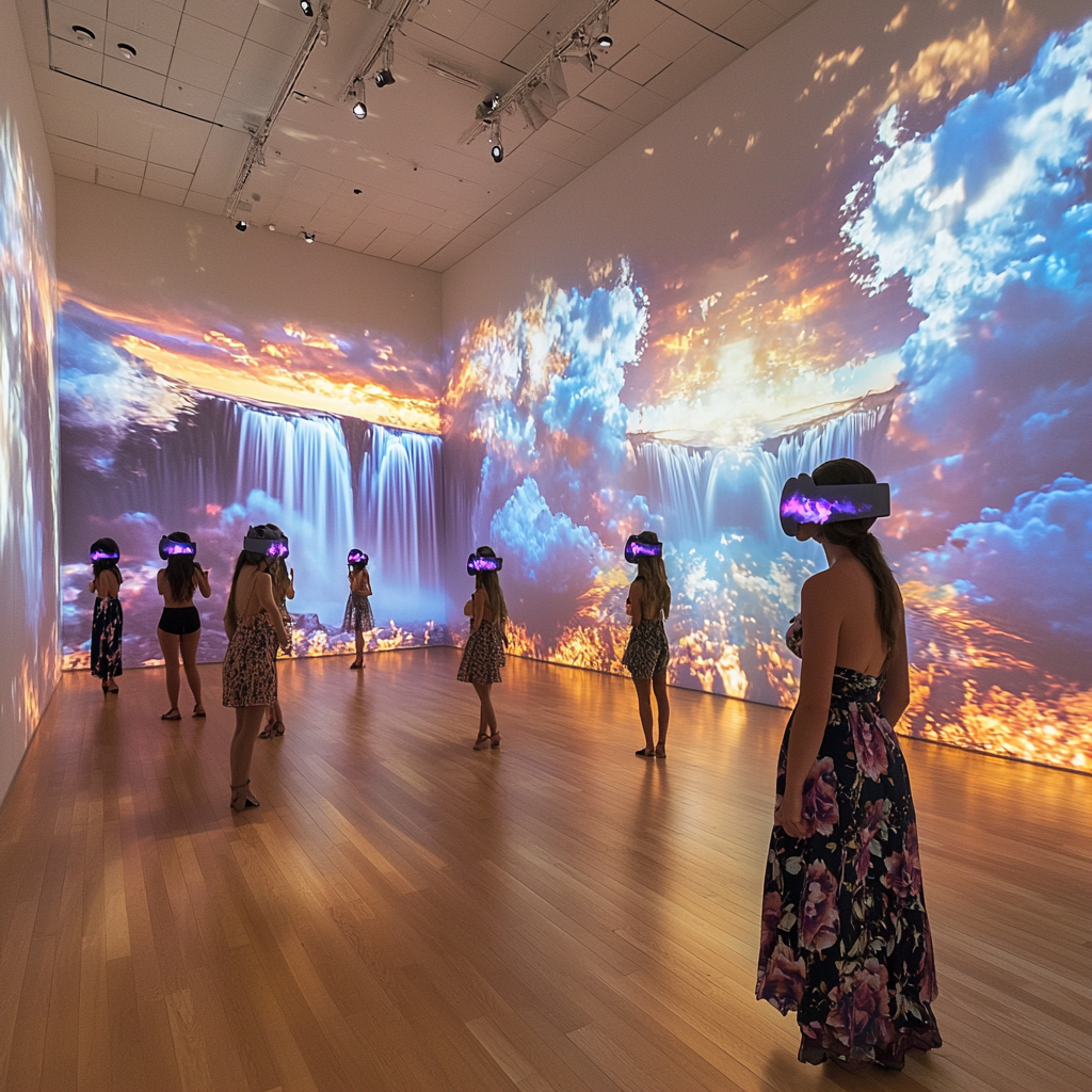 Gorgeous sunset waterfalls in art museum room.