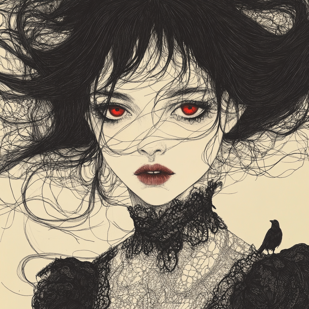 Gothic Girl with Tousled Hair and Red Eyes