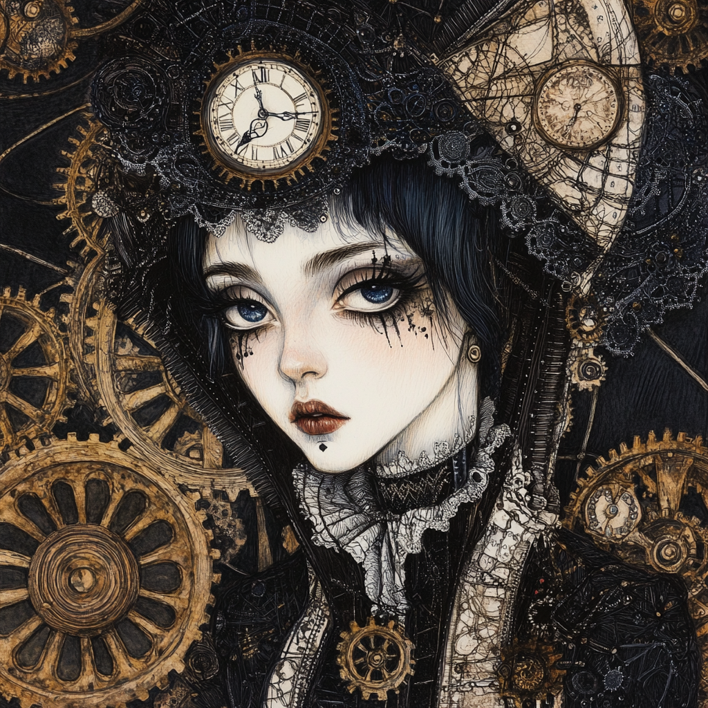 Gothic Young Woman with Clocks and Gears