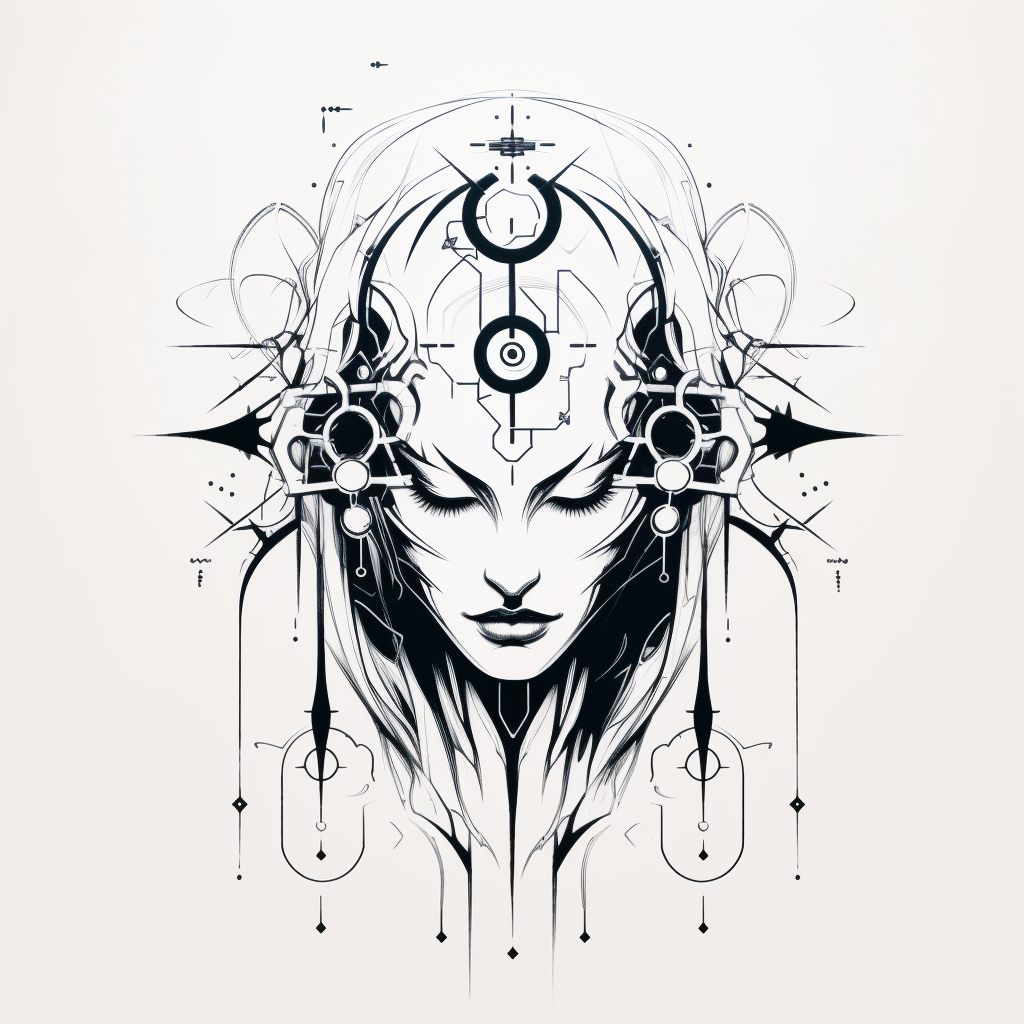 Gothic cyber sigilism tattoo design on white background.