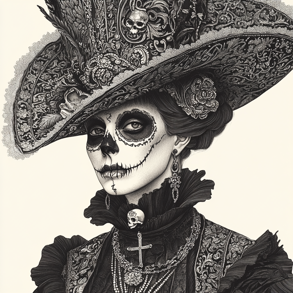 Gothic figure in ornate attire with skull motif