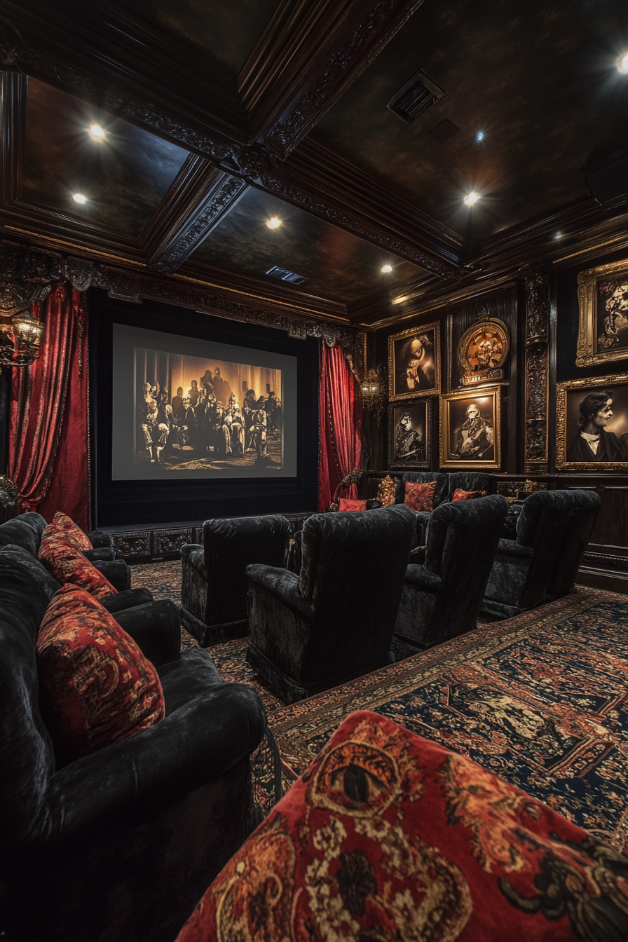 Gothic home theater with vintage decor and plush seating