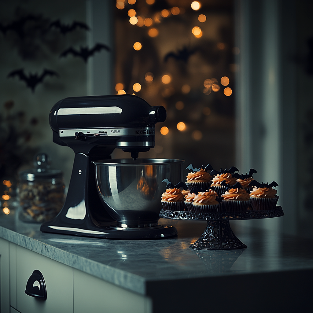 Gothic steampunk mixer with haunted cupcakes and bats