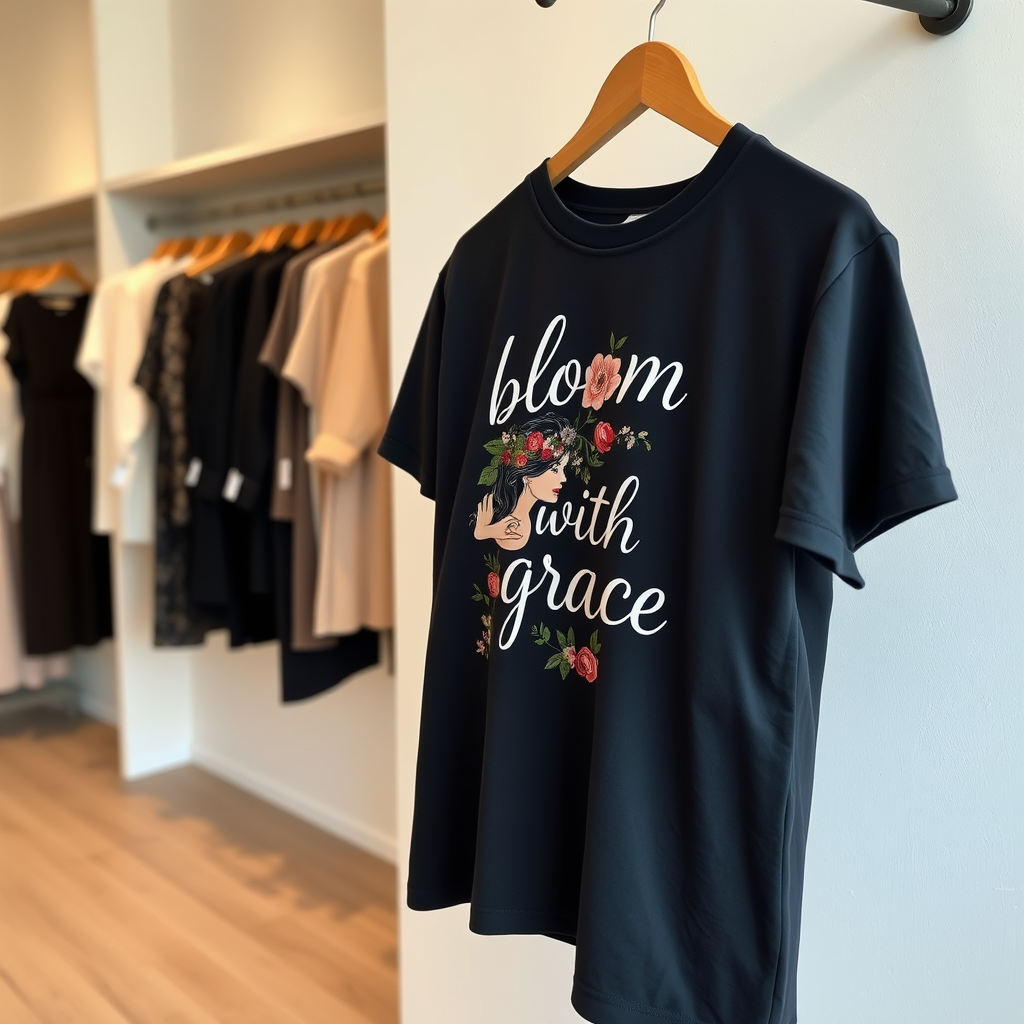 Graceful Bloom T-shirt displayed in simple store.