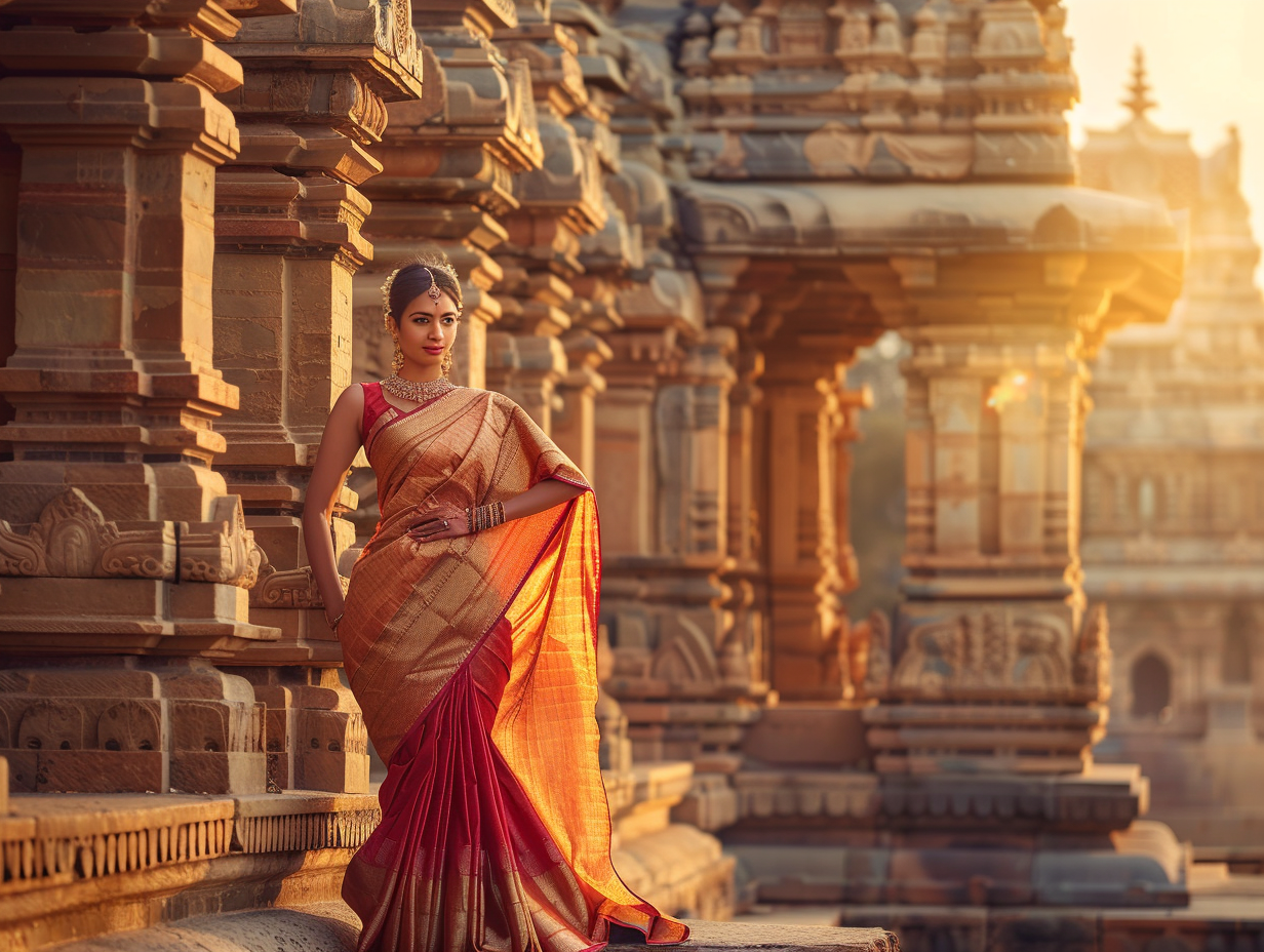 Graceful Woman in Red and Gold Saree at Temple