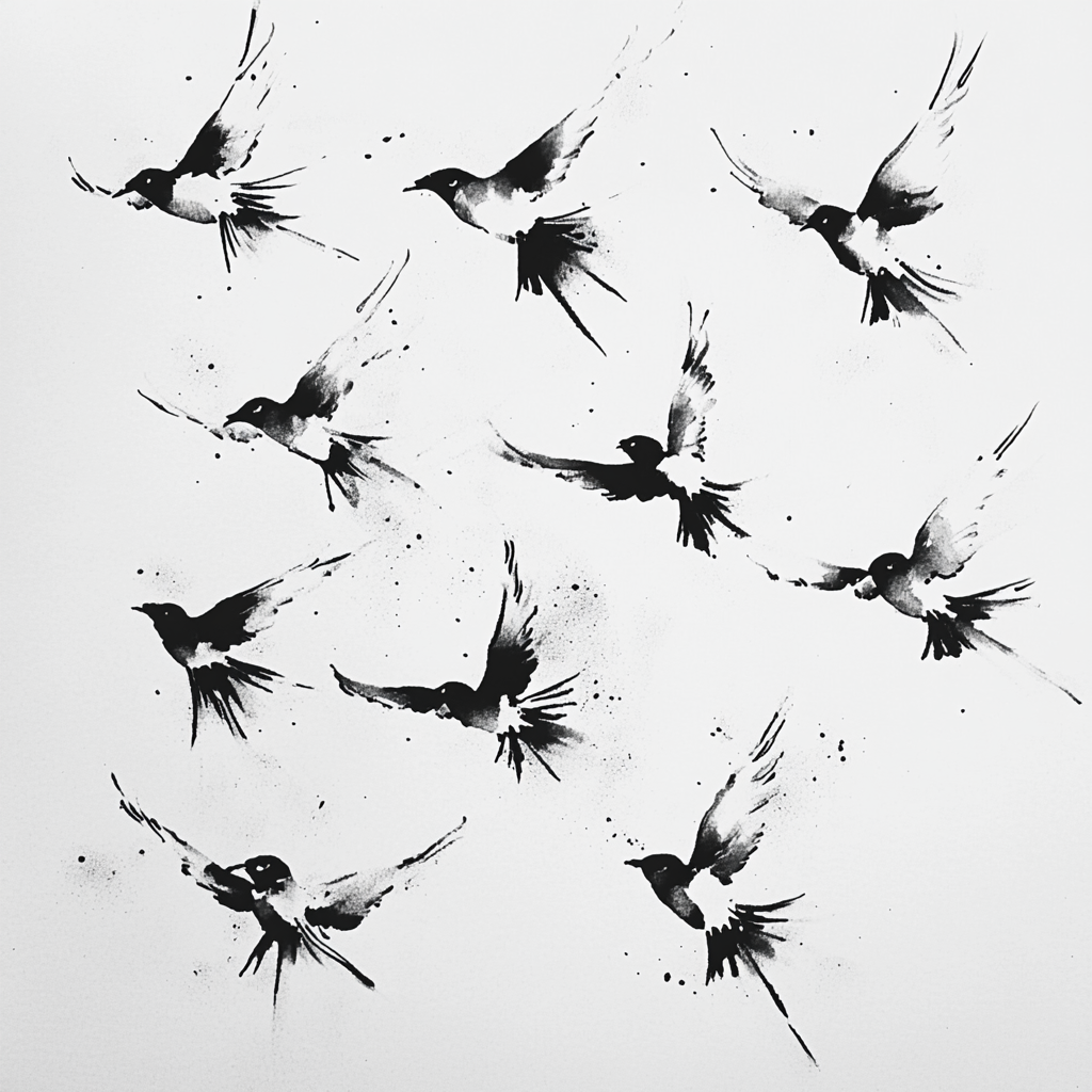 Graceful birds in minimalistic black and white flight