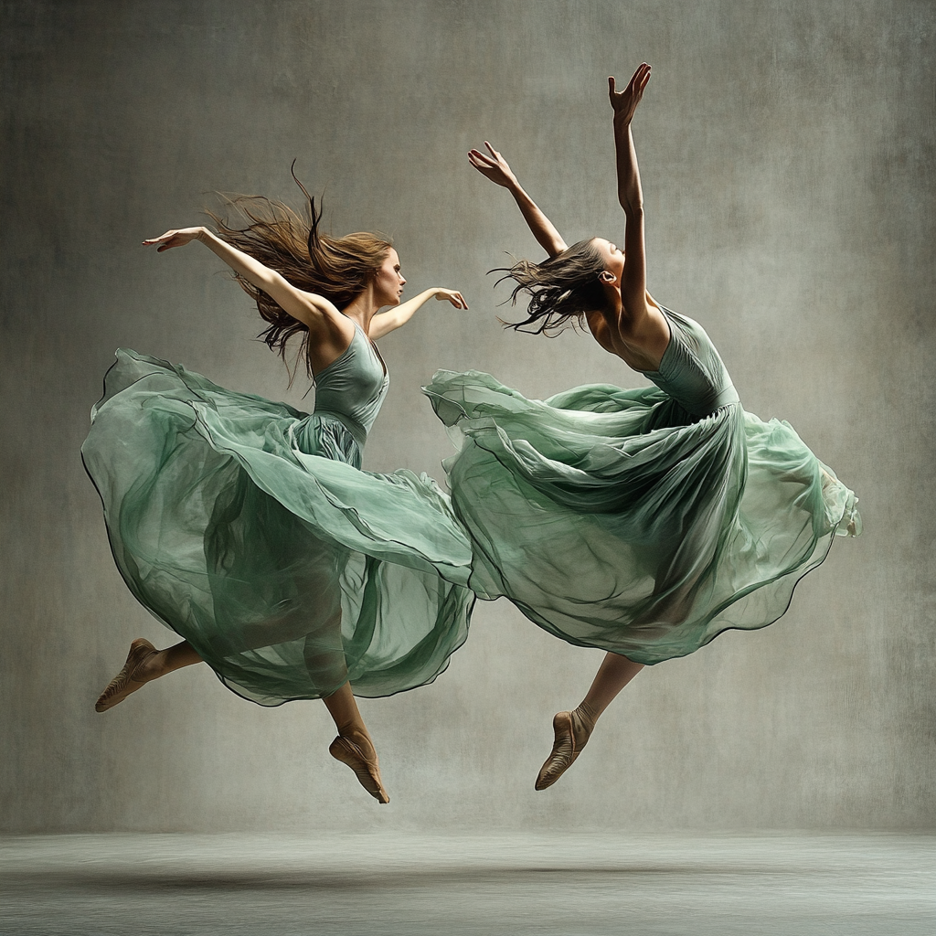 Graceful dancers perform synchronized jump in blue-green costumes.