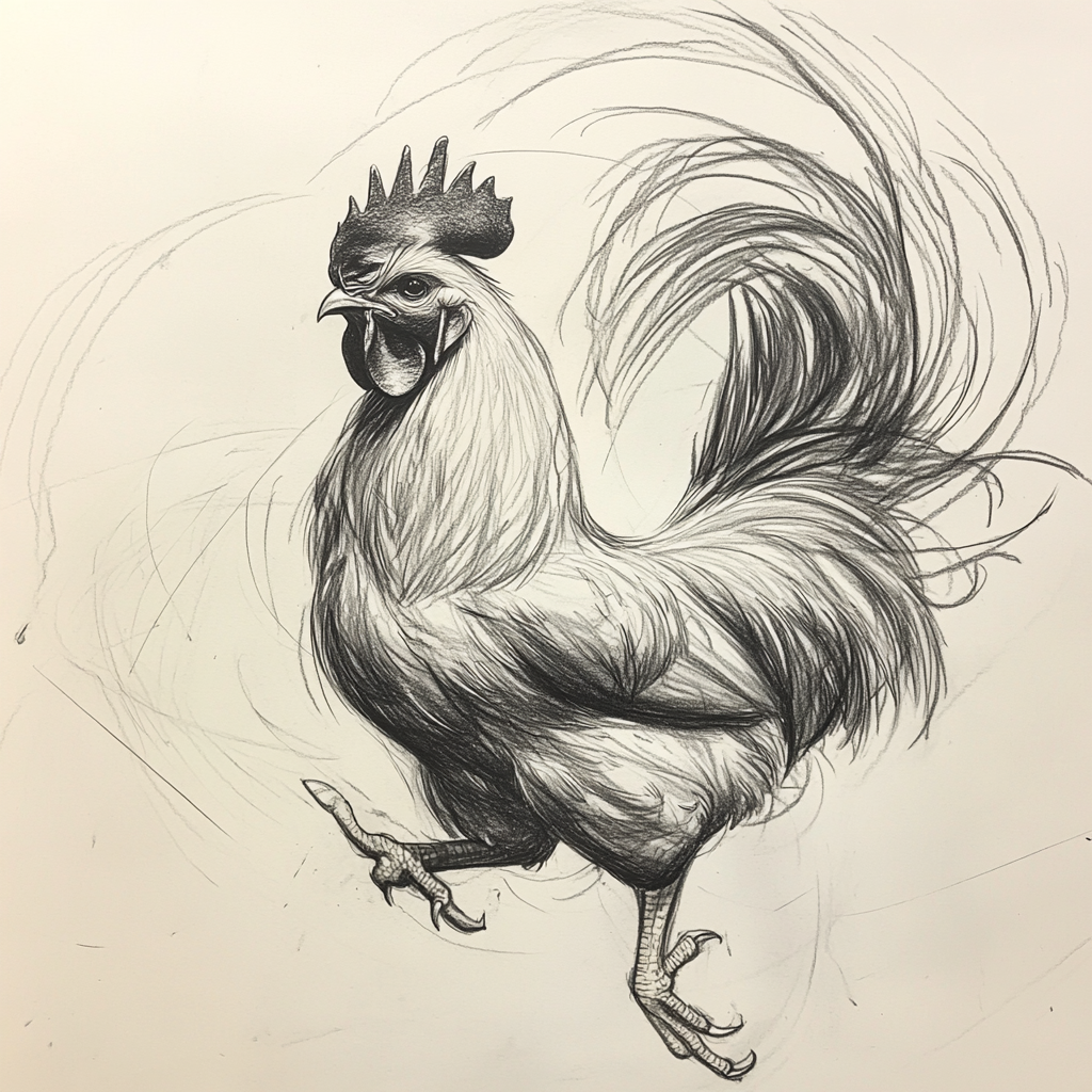 Graceful rooster mid-strut, expressive pencil drawing.