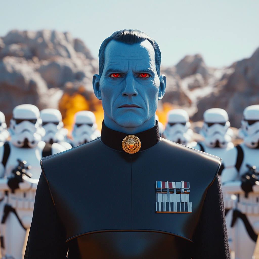 Grand Admiral Thrawn Addressing Chiss Warriors on Barren Planet