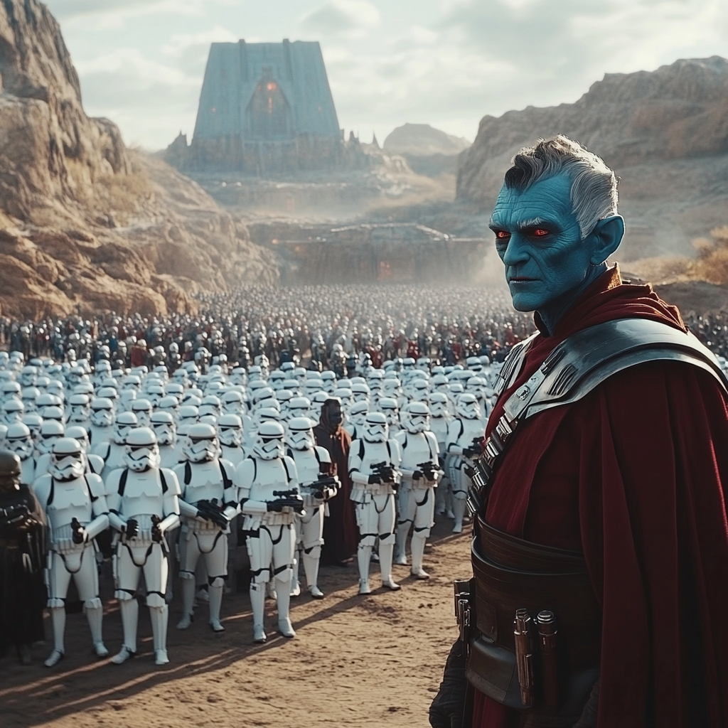 Grand Admiral Thrawn addressing Chiss Warriors on planet