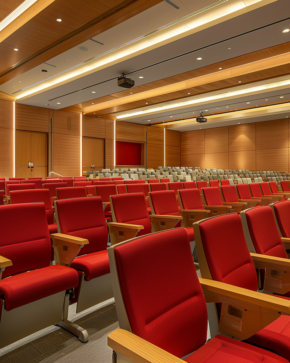 Grand Auditorium with Clean Red Chairs in Perfect Rows