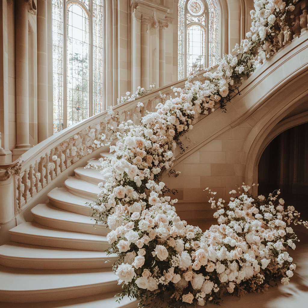 Grand Wedding Scene on Curved Staircase