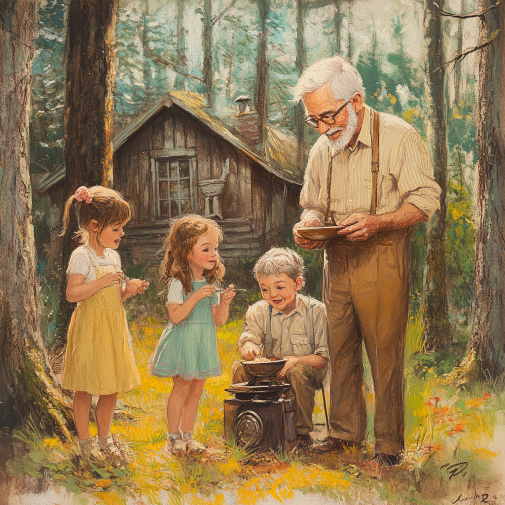 Grandfather cooking for three grandchildren in forest