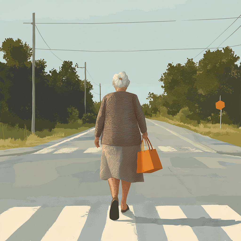 Grandma with Bag Crossing the Road in Art