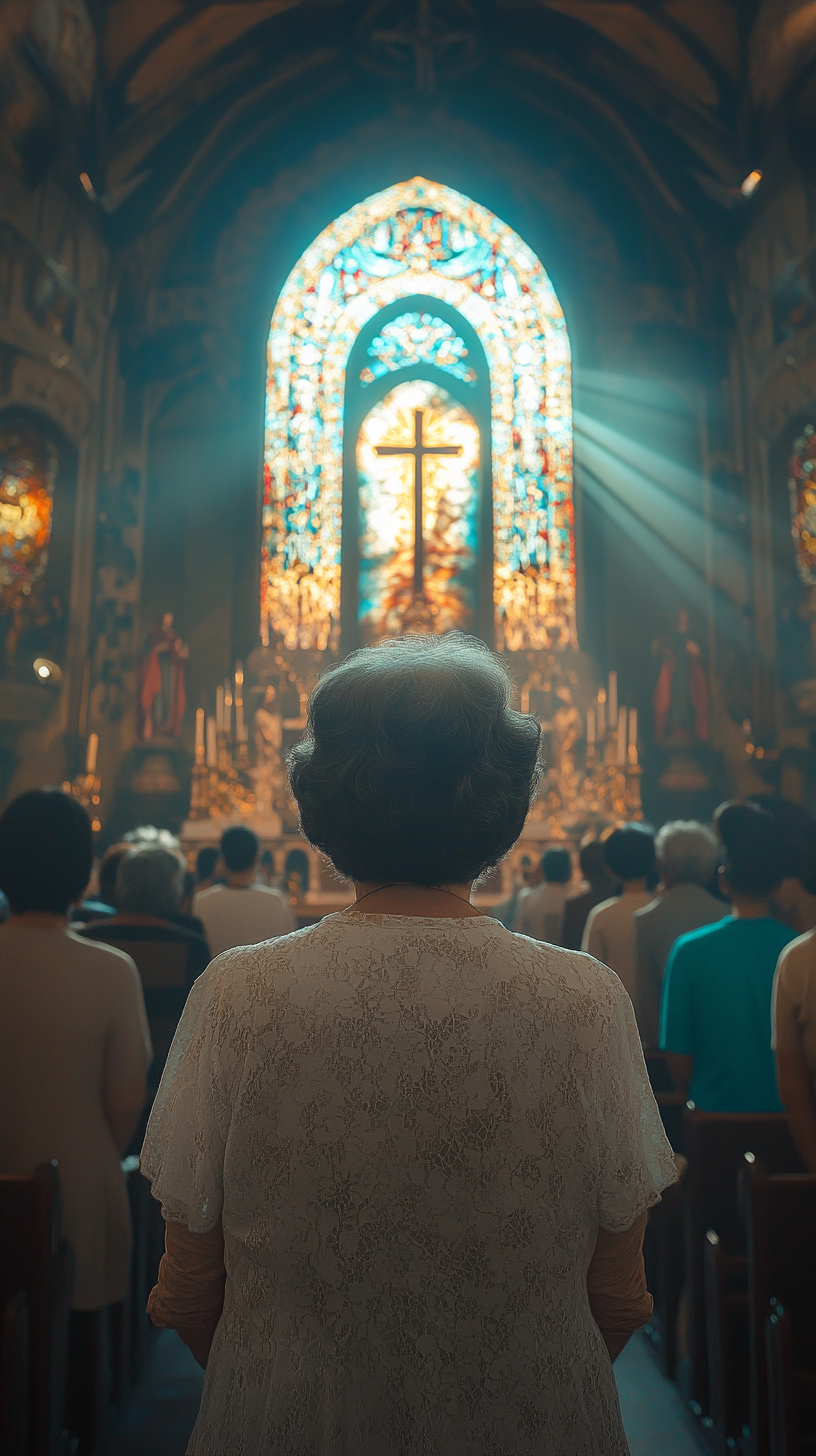 Grandmother Praying in Church Under Warm Sunlight